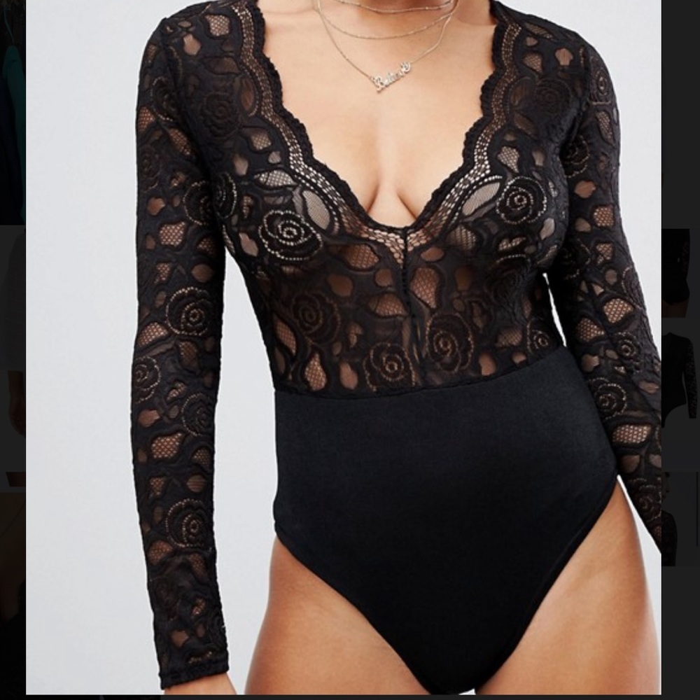 Boohoo plunge black floral lace bodysuit Size 12